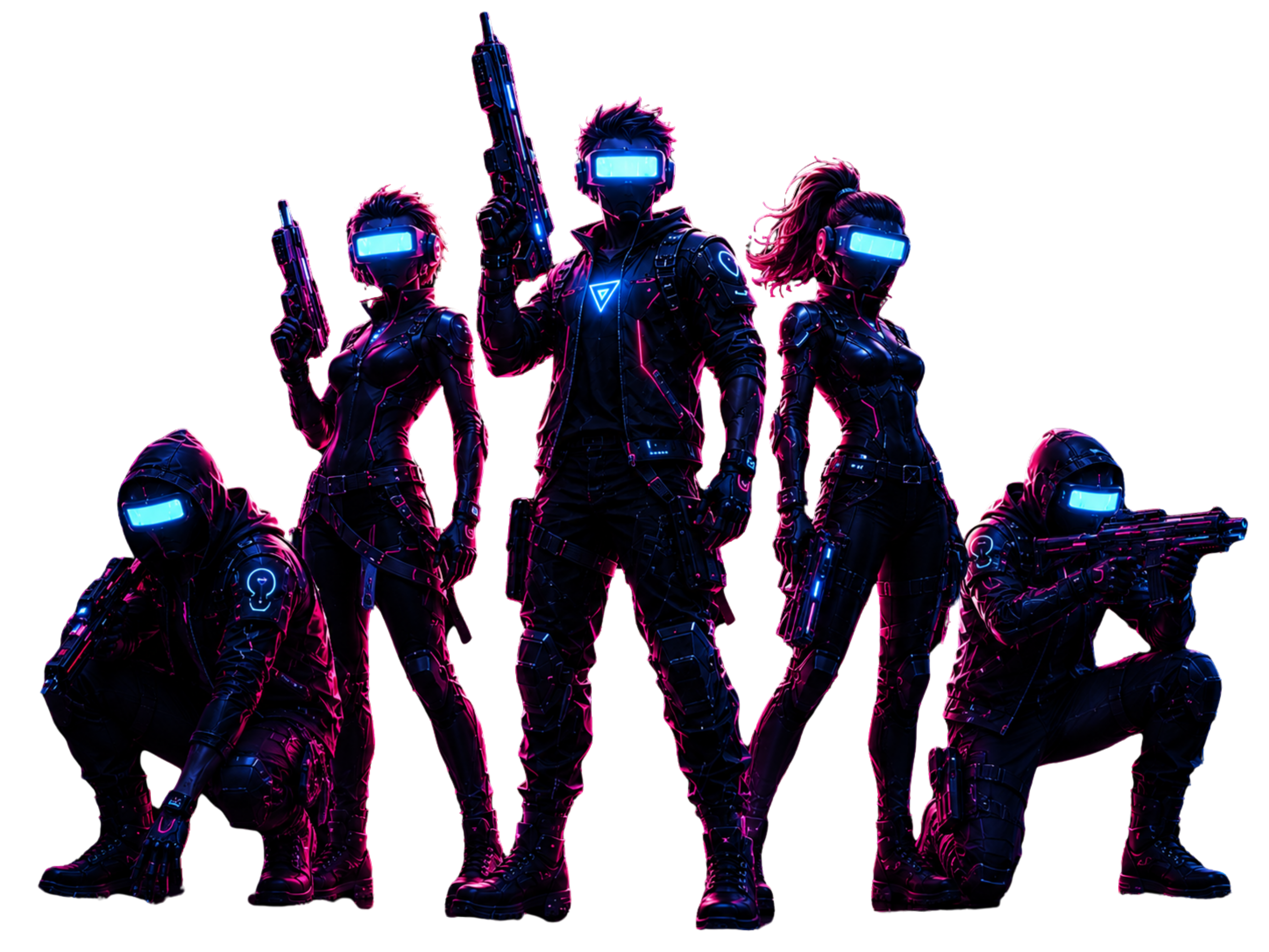 A team of futuristic Laserboy VR competitors wearing glowing VR visors